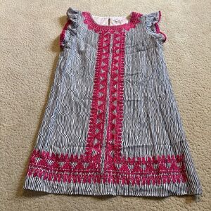 THML Cap Sleeves Dress with Pink Embroidery and Blue Stripes